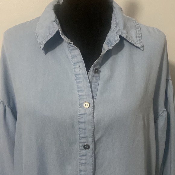 Lght Blue Denim Look Mini Dress Long Top Raw Hem 3/4 Drop Puff Sleeves Tier Back - Picture 2 of 7